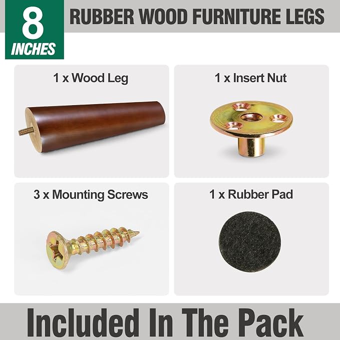 FoDau770 Brown Rubber Wood Furniture Legs 8 Inches, 5/16" UNC Slant Tapered Wood Feet Mid Century Sofa Legs, Wooden Furniture Feet Replacement Parts for Cabinet Couch Dresser Chair Ottoman Table