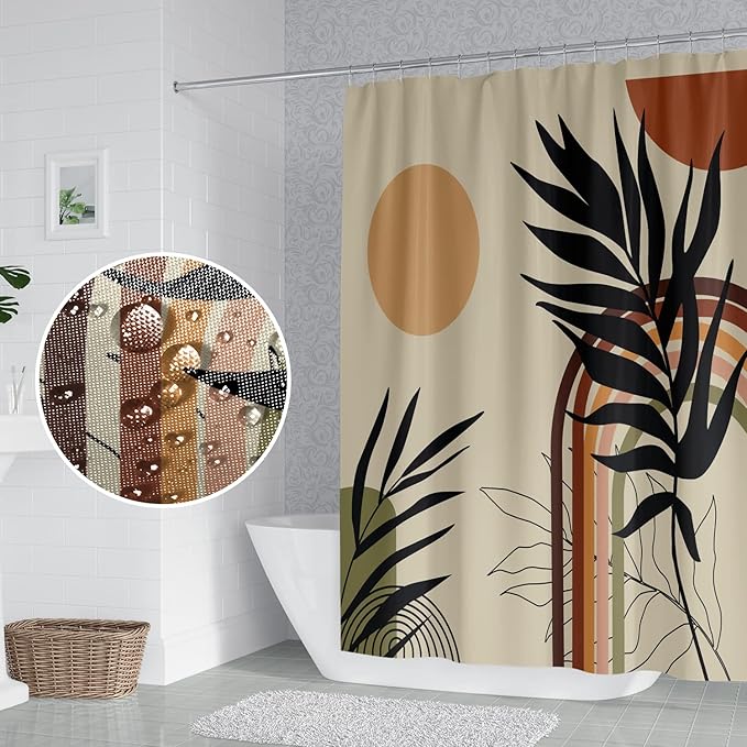 Mid Century Bohemian Bathroom Eucalyptus Leaves Arch Sun Shower Curtain, 72x96 Inch, Waterproof Polyester Fabric with Hooks, Art Home Decor