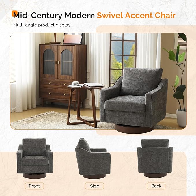 VINGLI Mid-Century Modern Swivel Accent Chair, 360°Upholstered Armchair, Home Sofa with Track Arms for Living Room, Bedroom, Reading Room, Club Swivel Chair, Chenille Grey