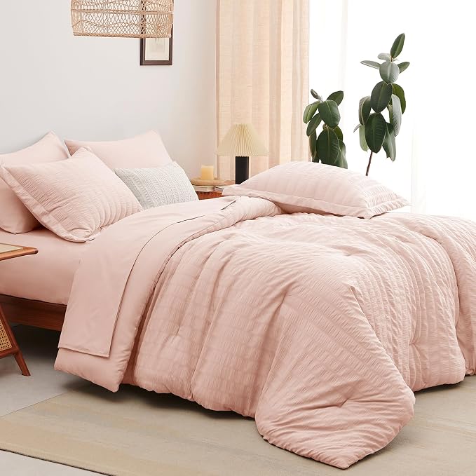 CozyLux Oversized King Comforter Set with Sheets, 7 Pieces 120"x98" Blush Pink Seersucker Bed in a Bag, Luxury Soft Bedding Sets with Down Alternative Comforter, Sheets, Pillowcases & Shams, Home Gift