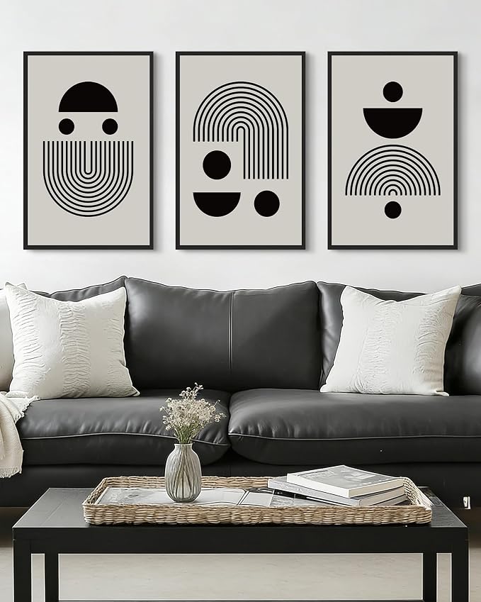 Drsoum Large 16x24in Black Abstract Framed Wall Art Decor Solid and Spiral Semi-Circles Geometric Shapes Drawings Modern Art Decorative Ready To Hang - Black Framed