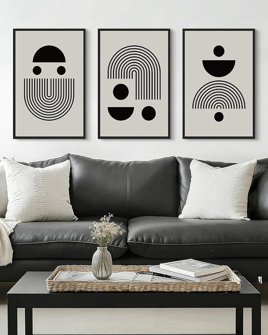 Drsoum Large 16x24in Black Abstract Framed Wall Art Decor Solid and Spiral Semi-Circles Geometric Shapes Drawings Modern Art Decorative Ready To Hang - Black Framed