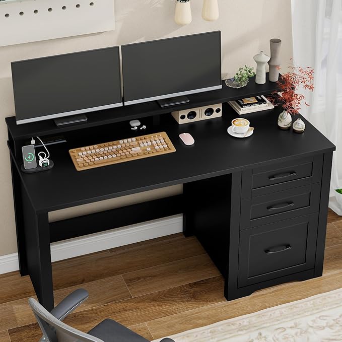 Vabches 47" Farmhouse Executive Desk with Monitor Stand & File Cabinet,3 Drawers Computer Desk with LED Lights and Power Outlets,Workstation for Home Office, Study,Writing.Pure Black