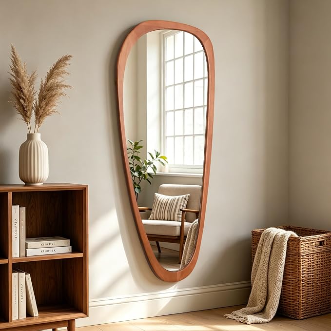 HOMECOOKIN 48" H x 22" W Asymmetrical Mirror, Irregular Wooden Wall Mirror for Bedroom, Living Room,Entryway– Boho Mid-Century Modern Decorative Mirror, Solid Wood Frame, Pebble Shaped Design (Walnut)