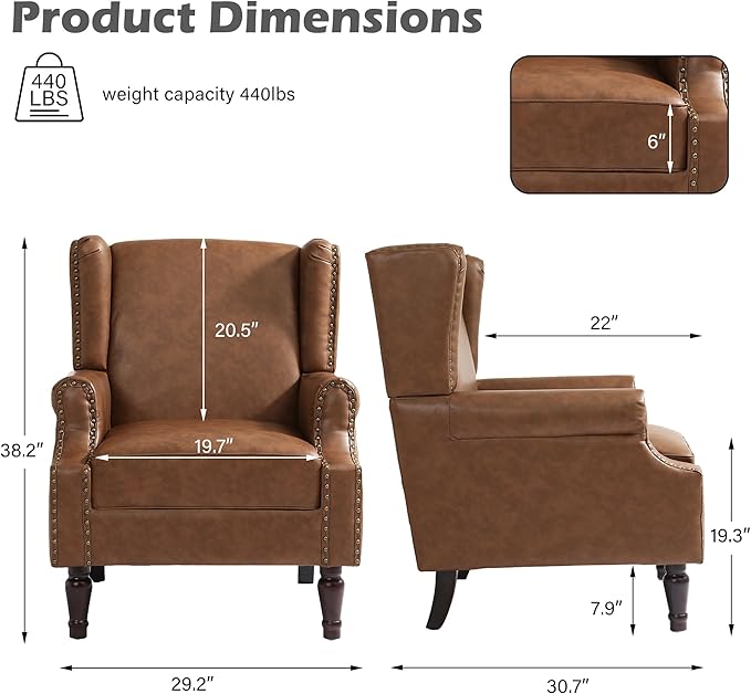 High Back Accent Chair, Faux Leather Wingback Chair Upholstered Armchair for Living Room, Retro Comfy Single Sofa Bedroom Reading Seat with Solid Wood Legs - Brown
