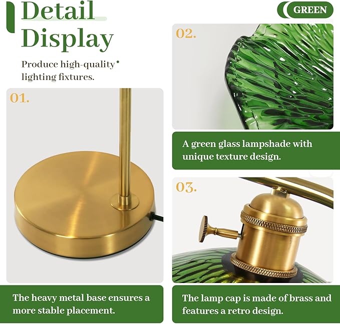 Glass Table Lamp Mid Century Modern Table Lamp Vintage Table Lamps Gold Desk Lamp Touch Bedside Lamps with Green Flower Shade Small Nightstand Lamps for Bedroom Living Room Office