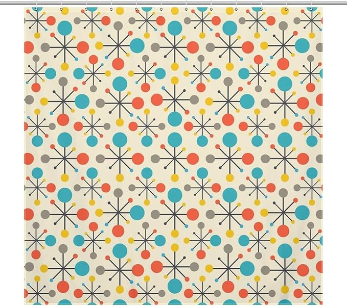 Mid Century Modern Shower Curtain,Atomic Retro Colourful Geometric Polka Dots Stripe Vintage 1950s Bathroom Curtain Polyester Waterproof Fabric Decor 72x72in（183x183cm）