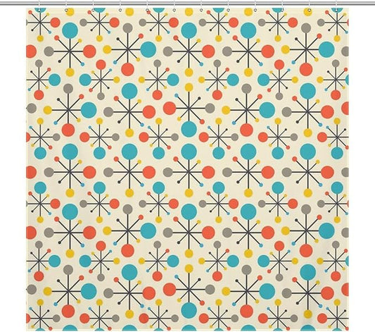 Mid Century Modern Shower Curtain,Atomic Retro Colourful Geometric Polka Dots Stripe Vintage 1950s Bathroom Curtain Polyester Waterproof Fabric Decor 72x72in（183x183cm）