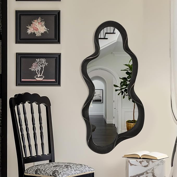 Large Asymmetrical Mirror Irregular Modern Cloud Wall Mirror Wood Frame Unique Artistic Wavy Mirror Wall Mounted Vanity Mirror Decorative for Living Room Bedroom Bathroom Entryway Hallway 30"x14"