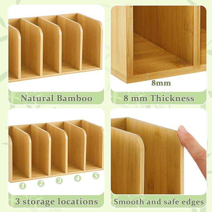 Novabright Bamboo Magazine File Holder Desk Organizer, 5 Vertical Compartments Workspace Sorters for Magazines, Binders, Notebooks, Envelopes