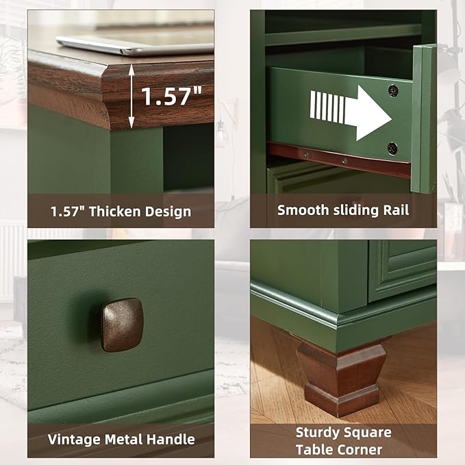 Farmhouse Nightstand with Charging Station, Rustic Green Nightstand,2 Drawers End Table for Living Room,Bedside Table with Open Shelf for Bed Room,Green