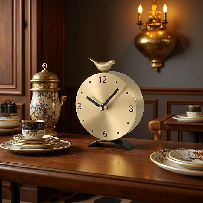 Brass Creative Clock - Silent Non-Ticking Desk Clock, Elegant Home & Office Decorative Clock, Vintage Brass Table Clock, Gift Idea for Housewarming & Birthday