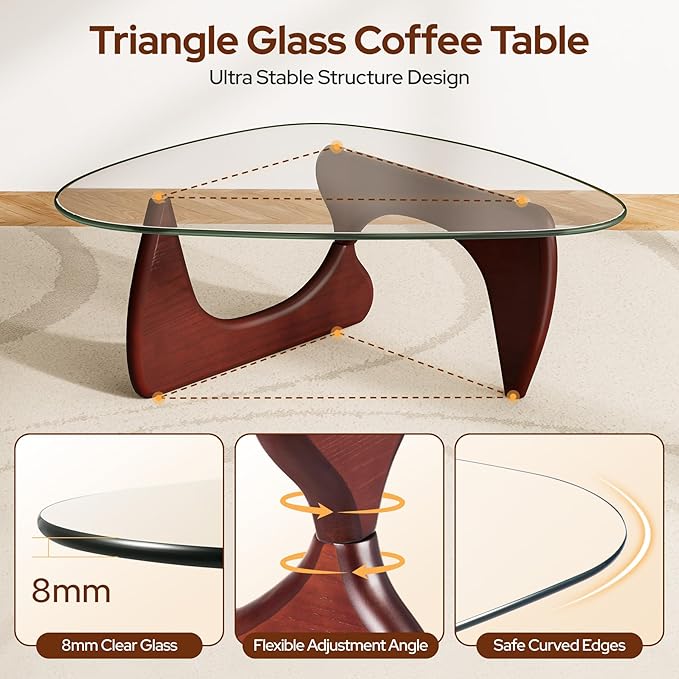 Modern Glass Coffee Table, Mid Century Triangle Coffee Table for Living Room Bedroom Reception Office Tables (Dark Walnut, Small (32.3"x22.8"x16.1"))