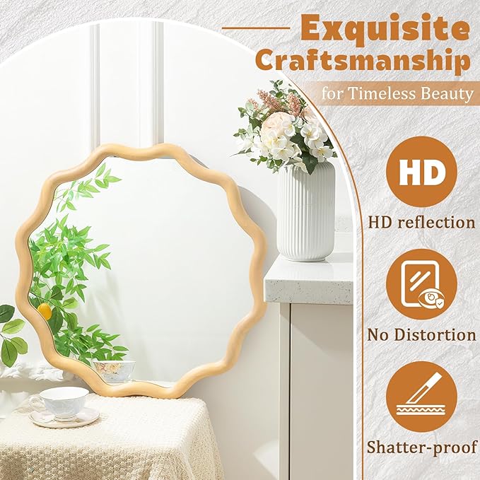 Vercraft 24 Inch Scalloped Wooden Bathroom Round Circle Mirror for Wall, Boho Wavy with Tempered Glass, Natural Frame Hanging for Bedroom, Living Room, Entryway, Farmhouse (Natural Wood Color)