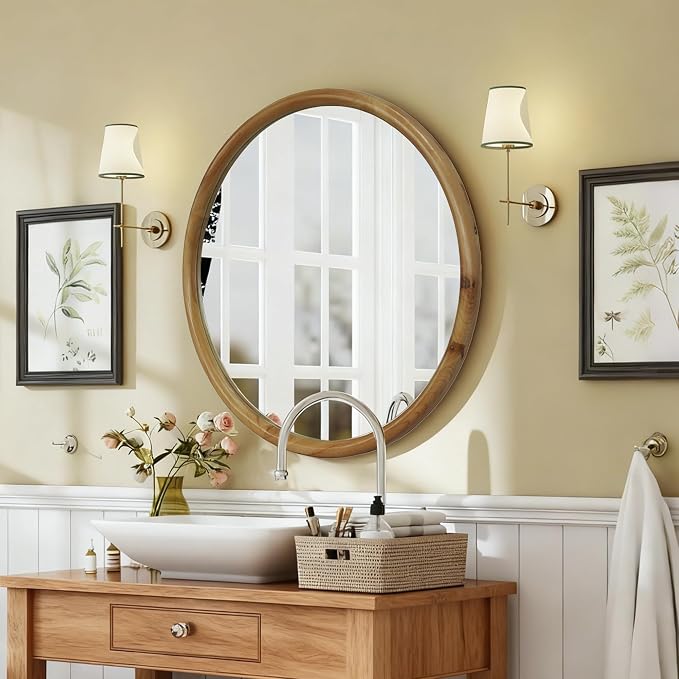 Round Wall Mirror Natural Wood Frame, Metal and Synthetic Wood Circle Mirror, 23.62" Diameter, Mid-Century Modern Decorative Mirror for Bathroom Bedroom Entryway