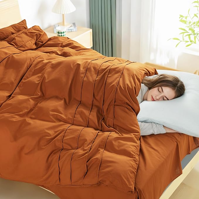 NEXHOME PRO 100% Organic Cotton Duvet Cover Queen Size Linen Pleated Design, Terracotta Burnt Orange, 3pc Bedding Set with Zipper Closure, Soft, Lightweight and Breathable,90"x90", No Comforter