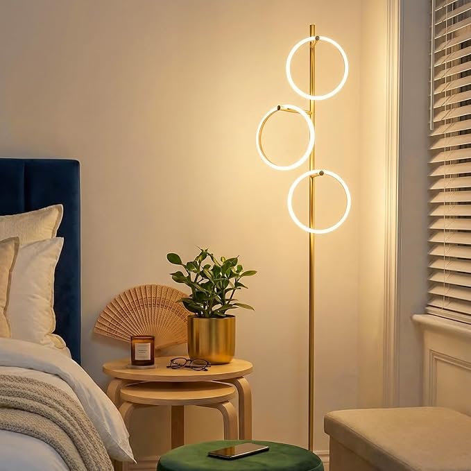 Bairth Gold Floor Lamp with 3 Lights, Modern LED Tree Floor Lamp for Living Room, 17W Stepless Dimmable Tall Standing Lamp with 3 Detachable Circular Lights for Reading, Bedroom, Office, Antique Brass