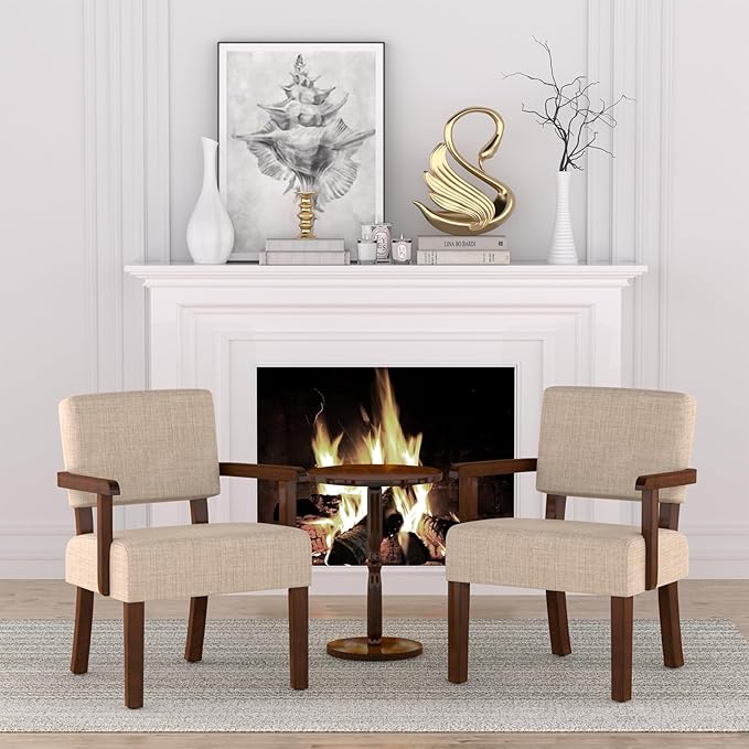 Accent Chair,Armchairs with Solid Wood Frame and Legs,Upholstered Reading Leisure Chair for Bedroom,Office,Waiting Room (Linen, Beige, One Chair)
