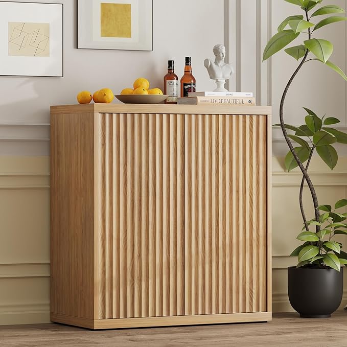 31” Sideboard Cabinet with Storage, Fluted Accent Cabinet with Adjustable Shelves, Modern Wood Credenza Cabinets with Pop-up Doors for Entryway Kitchen Living Room Hallway, Oak