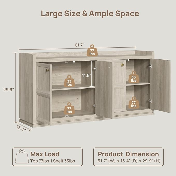 SICOTAS 4-Door Buffet Cabinet - 123" Extra Long Sideboard with 4 Separate Bays & Adjustable Shelves, Modern Credenza Storage Cabinet with Gold Handles for Kitchen Living Room, Grey White Oak, 2 PCS