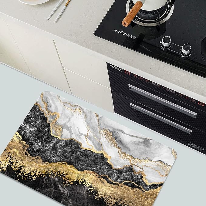 Diatomaceous Earth Bath Mat,Black White Gray Gold Marble Non-Slip Volume Super Absorbent Fast Drying for Bathroom Kitchen Door mat,Eco-Friendly Easy to Clean 20×31Inch (50 * 80cm)