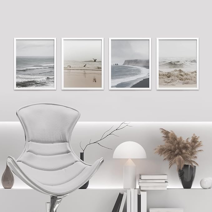 SIGNWIN Framed White Minimal Ocean Beach Seashore Coastals Wall Art, Set of 4 Landscape Colorful Wall Decor Prints, Nature Wilderness Wall Décor for Living Room, Bedroom - 8"x10" White