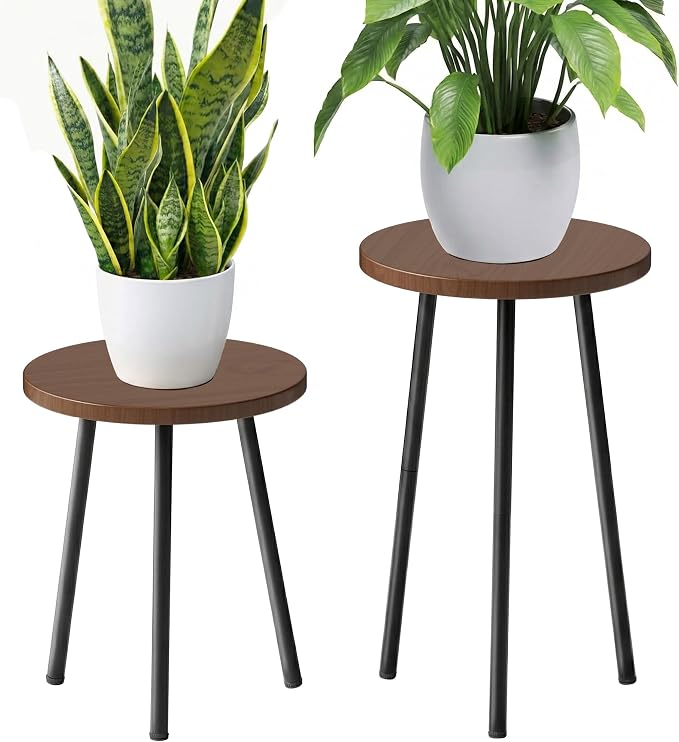 2 Pack Plant Stand Set: Tall and Short Round Wood Grain Plant Tables with Metal Legs - Indoor Outdoor Side Tables for Living Room, Bedroom, Patio, Balcony, Brown, 150 lbs Capacity(Walnut)