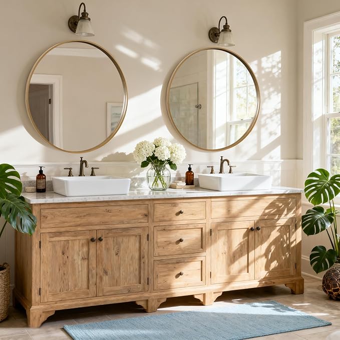 HOMECOOKIN Round Wood Mirror 36 inch Circle Wall Mirror for Bathroom, Vanity, Entryway, Living Room Decor, Natural Oversized Mirror