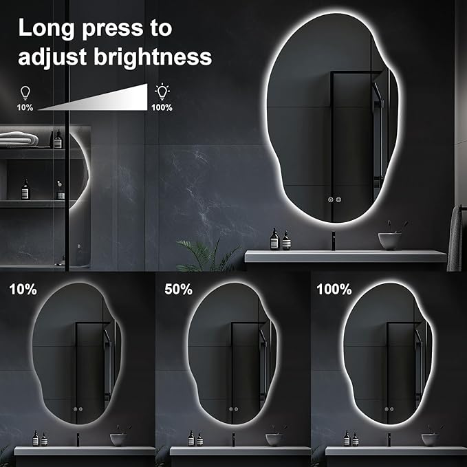 Asymmetrical Bathroom Mirror with Lights,Irregular LED Bathroom Vanity Mirror with Backlit,Anti-Fog,3 Colors and Dimmable Light with Memory,Hardwired Supported[Horizontal/Vertical] 60" H x 36" W