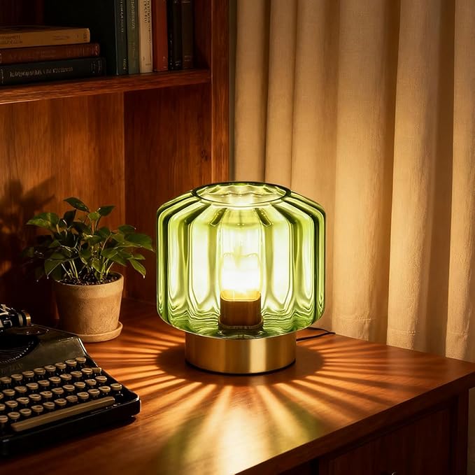 Glass Table Lamp of 2 Touch Table lamp Mid Century Modern lamp Gold Desk lamp nightstand lamp Green Glass Table Lamps Small Table Light for Bedside end Table Bedroom Living Room Office