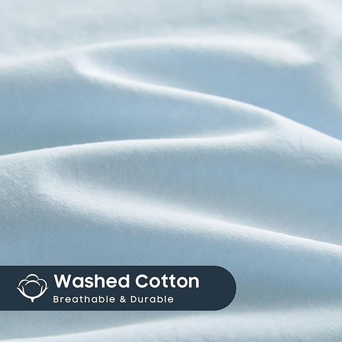 Wake In Cloud - Cotton Duvet Cover Set, 100% Washed Cotton, Linen Like Textured, Breathable Durable Comfy Farmhouse Neutral Bedding Set, 3 Pieces, Sky Blue, Twin/Twin XL Size