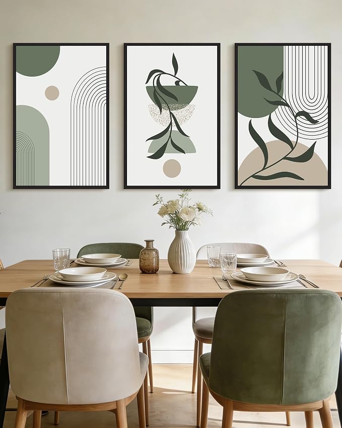 KUVIOKE Boho Wall Art Framed Botanical Modern Plants Wall Printing Green Neutral Abstract Geometric Prints Bohemain Sage Decor for Farmhouse Living Dining Room 24x36in (Black Framed)