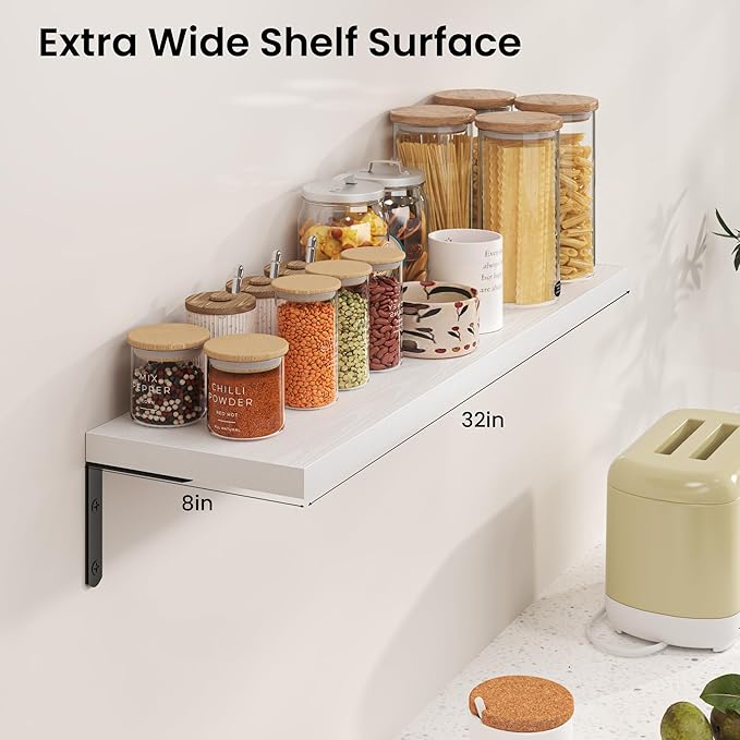 Marsmiles Extra Wide Floating Shelves for Wall, 32x8 Inch Natural Wood Grain Bookshelves, Heavy Duty Mounted Shelving for Bathroom, Kitchen, Living Room, Bedroom,Set of 2，White