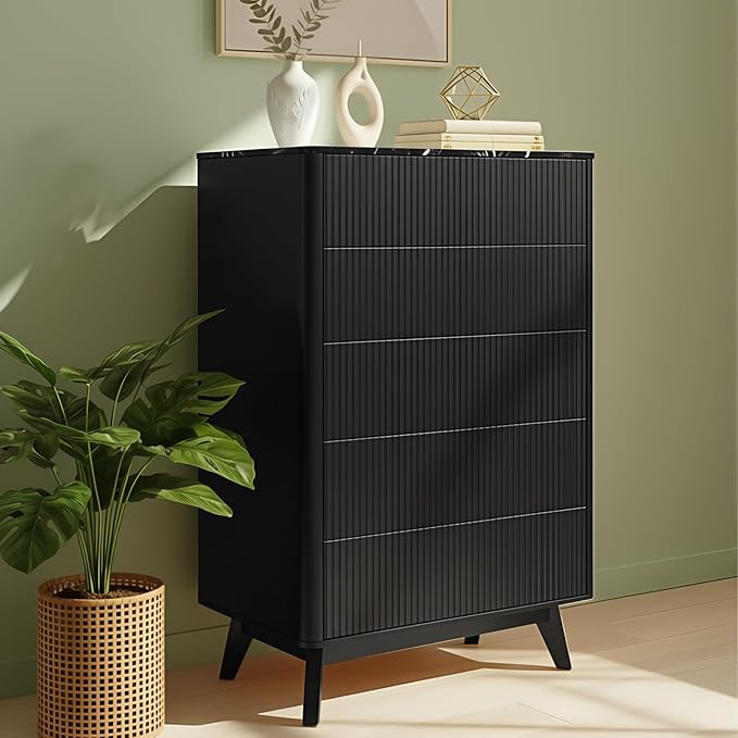 Fluted 5 Drawers Dresser for Bedroom, 47" Tall Handleless Chest of Drawers with Faux Marble Top, Curved Profile Design, Wood Drawer Organizerfor forLiving Room, Hallway, Entryway, Black