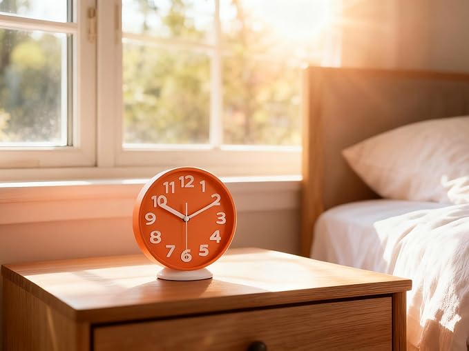 JENLYSTIME 8 Inch Vibrant Orange Modern Wall Clock – Silent Non-Ticking, Bold 3D Numbers, Precise Quartz Movement | Decorative Desk & Wall Clock with Stand for Home, Kitchen, Bedroom, or Office