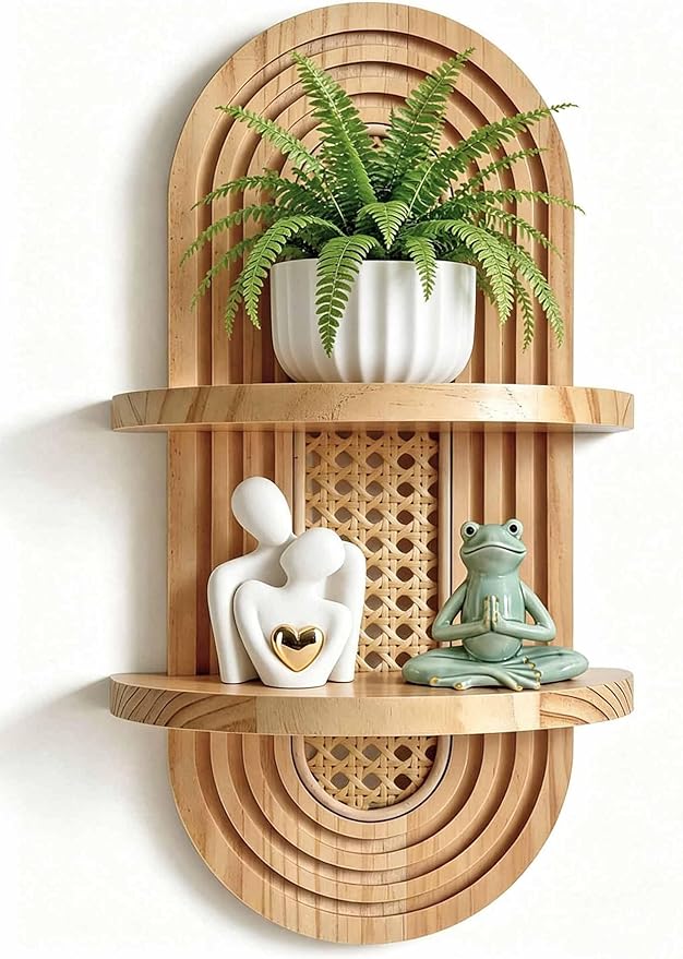 2-Tier Woven Rattan Floating Shelves, Mid-Century Modern Boho Wooden Wall Hanging Decor Plant Shelf for Living Room, Bedroom, Bathroom, Home Office, Ideal for Small Planters & Accents (Natural)