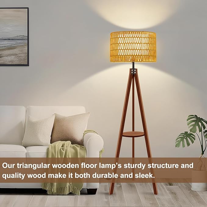 Vinaco Boho Tripod Floor Lamp with Shelf, Double Lampshades Mid-Century Standing Lamps, 3 Color Temperatures Wicker Floor Lamp, Foot Switch Rattan Tall Lamps for Bedroom, Living Room, Office