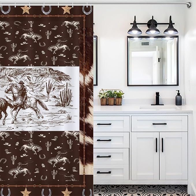 Western Horse Cowboy Shower Curtain for Boys Men Kids Teens Rustic Country Wild West Waterproof Shower Curtains for Bathroom Decor 12 Pack Hooks 66x72in（168x183cm）
