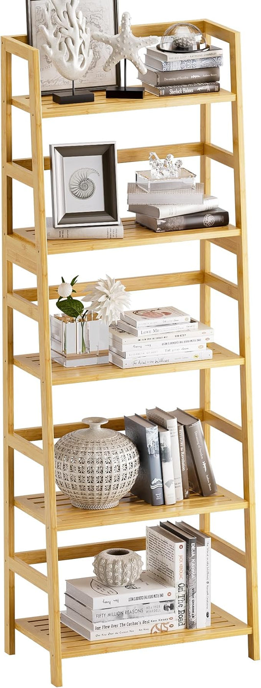 Ladder Shelf, 5-Tier Bookshelf, All Bamboo Heavy Duty Bookcase, Freestanding Open Wood Storage Rack, Modern Corner Display Plant Stand for Living Room, Home Office, Bathroom, Bedroom, Natural