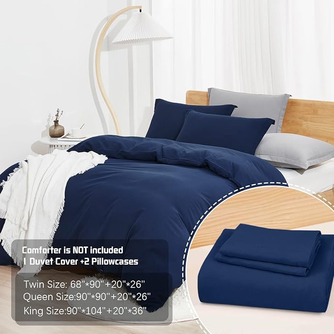 Dreaming Wapiti Duvet Cover King,Washed Microfiber Navy Blue King Size Duvet Cover Set,Solid Color - Soft and Breathable with Zipper Closure & Corner Ties (Navy Blue)