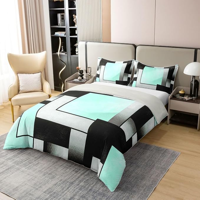 Erosebridal Green Black Geometric Abstract 100% Cotton Duvet Cover Twin Modern Square Striped Bedding Set for Kids Teens Adults Minimalist Art Comforter Cover Contemporary Aesthetic Bed Set 2 Pcs