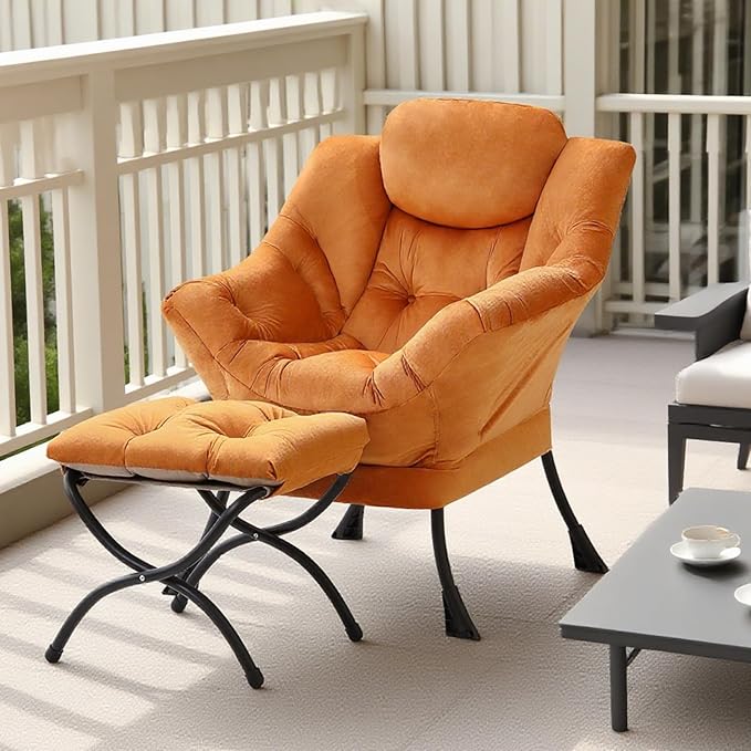 Tiita Lazy Chair with Ottoman, Orange Modern Large Accent Armchair, Comfy Leisure Sofa Reading Chair with Footrest for Bedroom, Living Room, Dorm Rooms, Garden, Velvet Orange