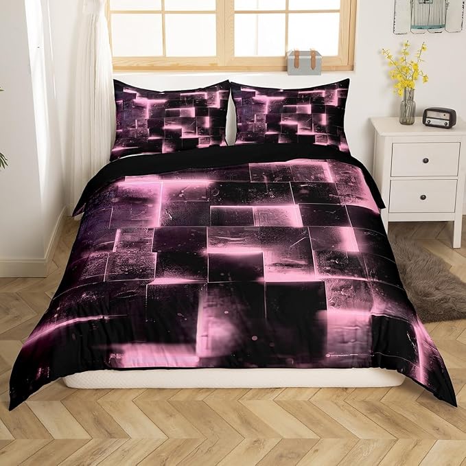 Erosebridal Black and Pink Duvet Cover Twin Modern Abstract Twin Bedding Set, 3D Glowing Plaid Comforter Cover Gradient Grid Bed Set, Neon Square Bedding 2pcs (Black Reversible)