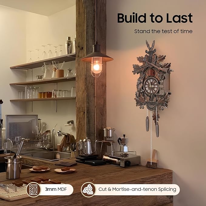 Cuckoo Clock, Retro Wooden Cuckoo Birdhouse Antique Wall Clock Forest Clock Home Decor Auto Swing with Singing Bird Vintage Chalet Design(No Battery) (Type A)