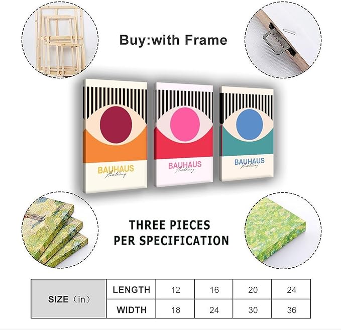 9W Bauhaus Poster Abstract Canvas Wall Art Set of 3 Modern Boho Decor For Bedroom Livingroom Frame-style 24x36inch(60x90cm)