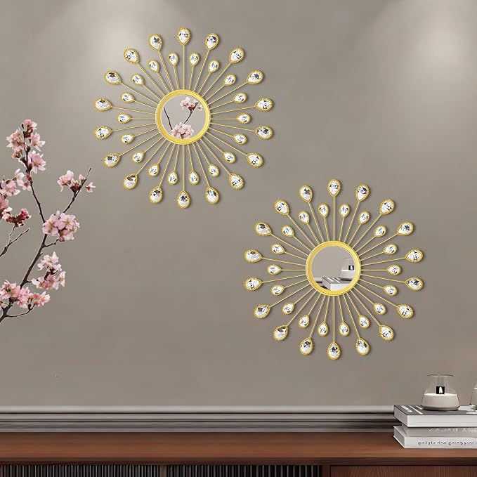 2 Pack Metal Mirrors for Wall Boho Sunburst Wall Mirror Home Decor Modern Decorative Wall Art for Bedroom Living Room Entryway