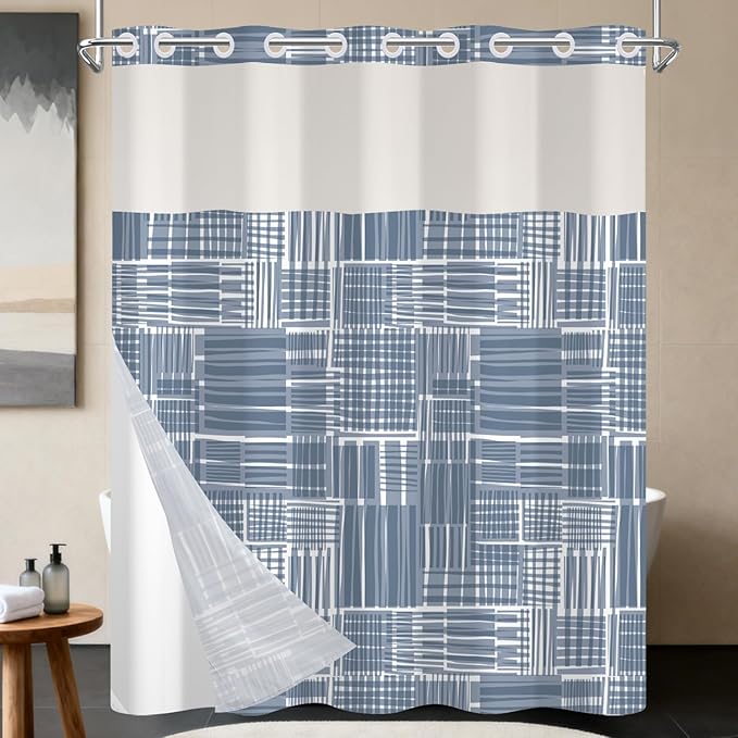 No Hook Geometric Shower Curtain with Snap in Liner - Gray Blue Modern Geometric Design, Waterproof Fabric Shower Curtains for Modern Bathroom with Mesh Top Window, 71x74 Inch