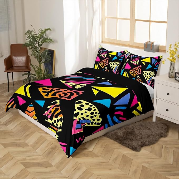 Retro 80s Style Bedding Set Queen,Abstract Geometric Pattern Duvet Cover Urban Modern Design With Circles And Triangle Comforter Cover Colorful Pop Art Inspired Pattern Quilt Cover For Boys Child