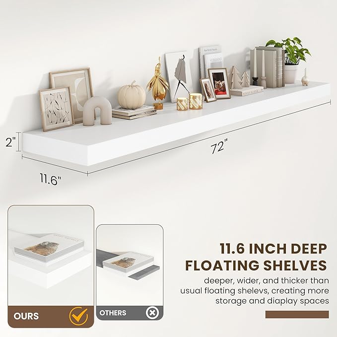 72 Inch Floating Shelves | 12 Inch Deep White Floating Shelves Set of 2 | 72" W x 12" D Rustic White Wood Wall Shelves for Bathroom Living Room Kitchen Laundry Room