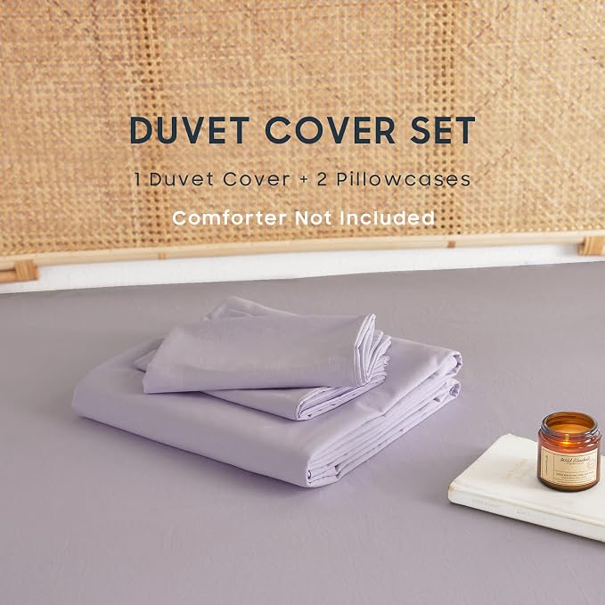 Wake In Cloud - Cotton Duvet Cover Set, 100% Washed Cotton, Linen Like Textured, Breathable Durable Comfy Farmhouse Neutral Bedding Set, 3 Pieces, Light Purple, Full Size